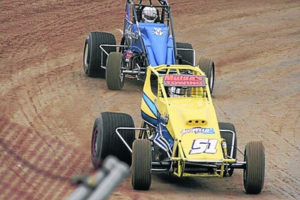 READY TO RACE: Rory Button and Steve Trigg drive their Wingless Sprint Cars at Blue Ribbon Raceway last season. PHOTO: Ian Yole