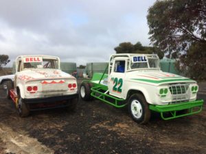 THE OLD AND THE NEW: Wes Bell unveiled his new white and lime Dodge V8 Race Truck PHOTO: Jamie Collins