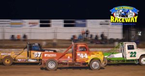 SPEEDWAY CONVOY: Fletcher Mills takes the inside line, while Luke James works hard to catch up with Wes Bell