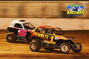 Victoria #1 Andrew Howard leads a hard charging Michael Coad in recent Super Rod action. PHOTO: M&L Speedway Photography