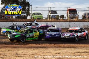 TRAFFIC JAM: Turn two gets busy as Horsham's Micka Hayden finds himself pointing in the wrong direction. PHOTO: M&L Speedway Photography