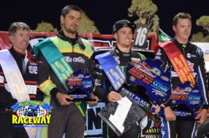 Place getters in the Octane Alley SSA Australian Modified Production Sedans Title held at Horsham’s Blue Ribbon Raceway. L-R Graham West 4th, Aidan Raymont 3rd, Cameron Waters 1st, Kye Walters 2nd PHOTO: M&L Speedway Photography